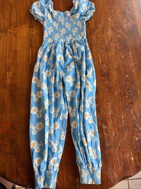 SweetHoney Blue Daisy Smocked Jumpsuit with Puff Sleeves